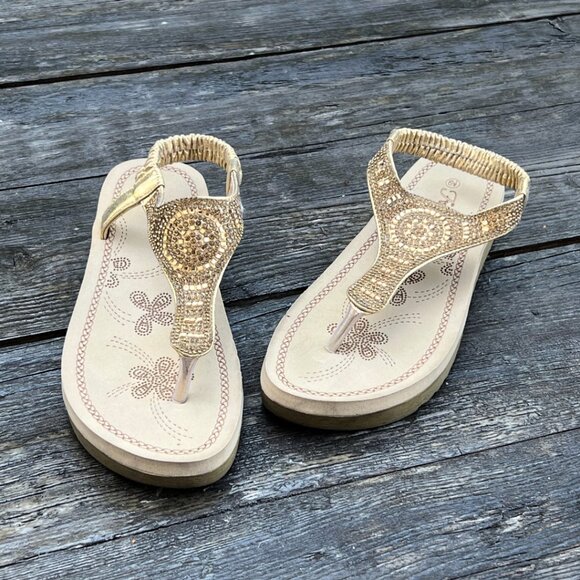 Forever Thong Sandals Gold Rhinestones 6 1/2 - Picture 2 of 11
